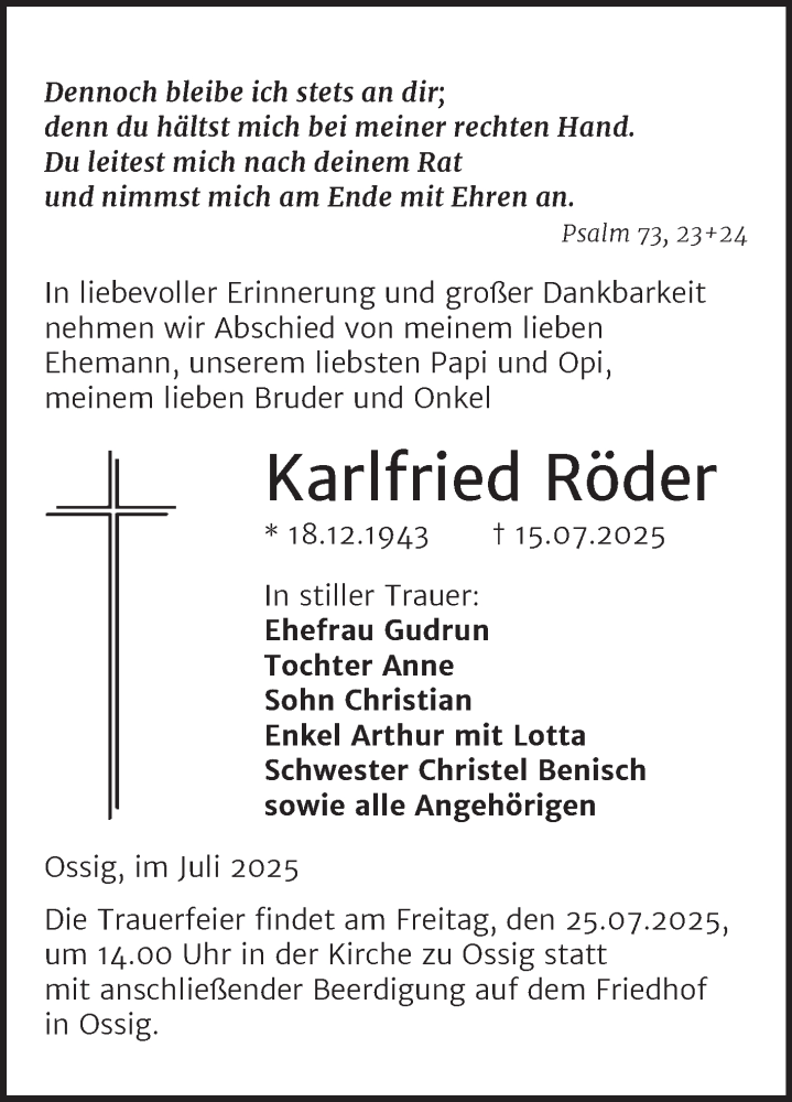  Traueranzeige für Karlfried Röder vom 19.07.2025 aus Trauerkombi Zeitz