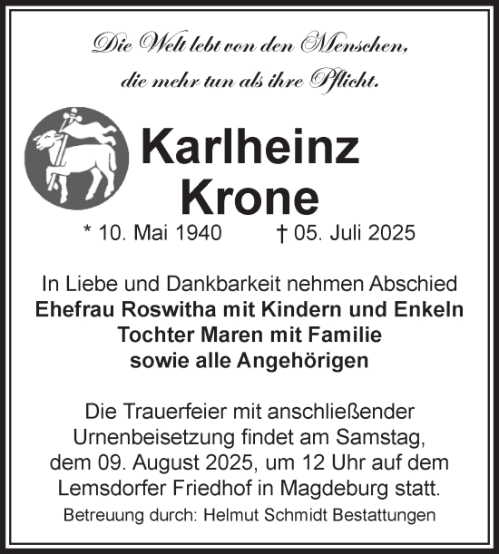 Traueranzeige von Karlheinz Krone von Volksstimme Halberstadt