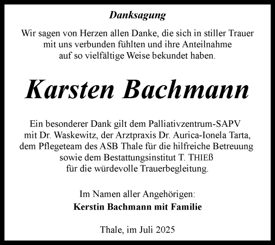 Traueranzeige von Karsten Bachmann von Trauerkombi Quedlinburg