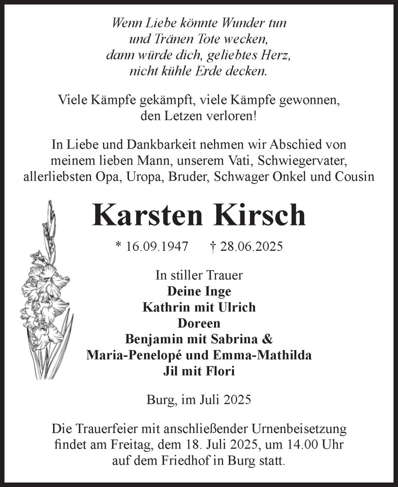  Traueranzeige für Karsten Kirsch vom 05.07.2025 aus Volksstimme Burg/Genthin