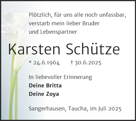 Traueranzeige von Karsten Schütze von Trauerkombi Sangerhausen