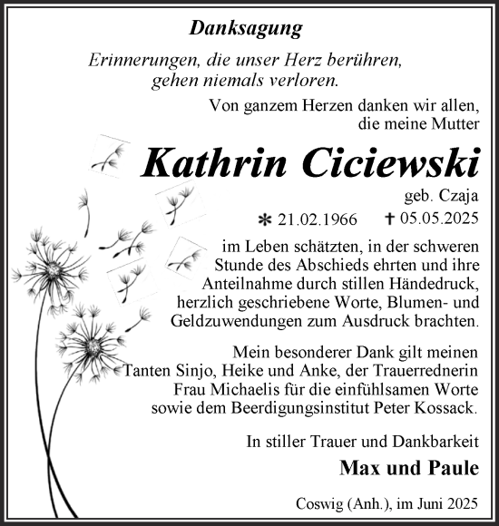Traueranzeige von Kathrin Ciciewski von Trauerkombi Wittenberg