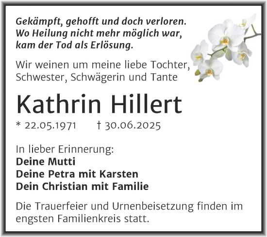 Traueranzeige von Kathrin Hillert von Trauerkombi Mansfelder Land