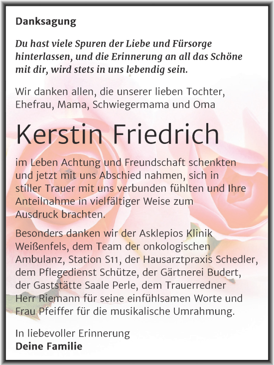 Traueranzeige von Kerstin Friedrich von Trauerkombi Weißenfels