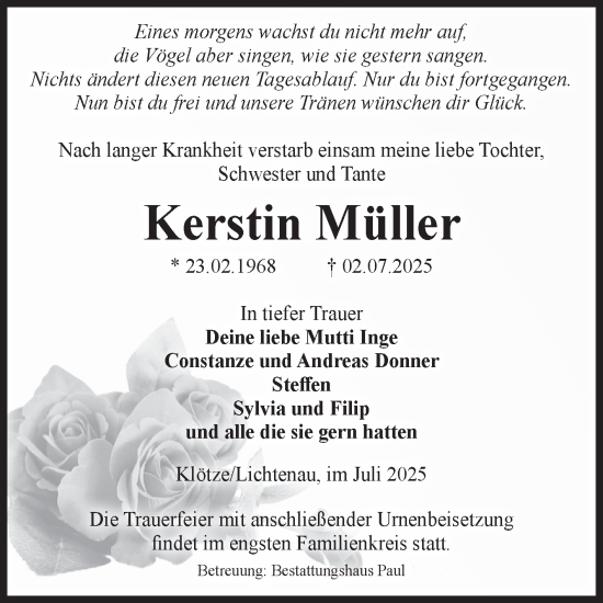 Traueranzeige von Kerstin Müller von Volksstimme Altmark West