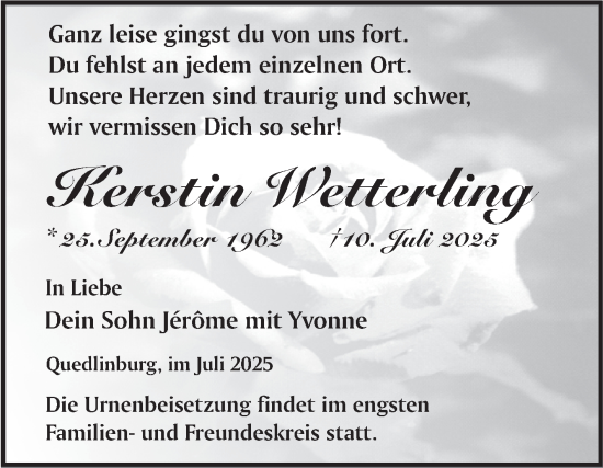 Traueranzeige von Kerstin Wetterling von Trauerkombi Quedlinburg