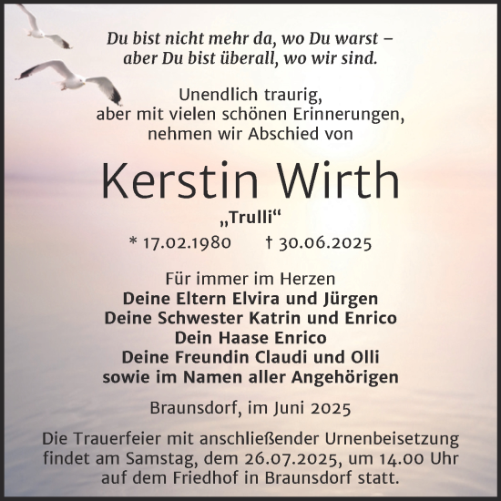 Traueranzeige von Kerstin Wirth von Trauerkombi Wittenberg