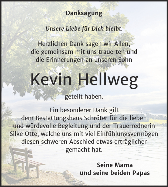 Traueranzeige von Kevin Hellweg von Trauerkombi Bitterfeld