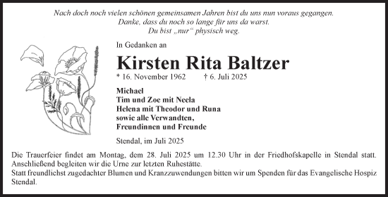 Traueranzeige von Kirsten Rita Baltzer von Volksstimme Altmark Ost