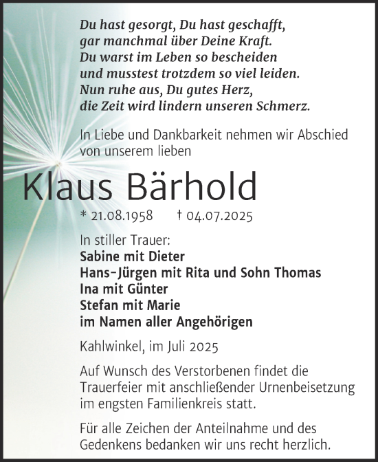 Traueranzeige von Klaus Bärhold von Super Sonntag Naumburg/Nebra