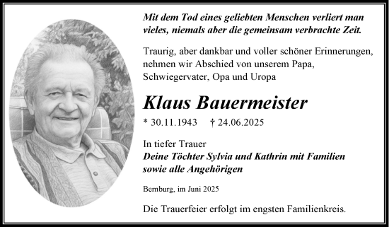 Traueranzeige von Klaus Bauermeister von Trauerkombi Bernburg