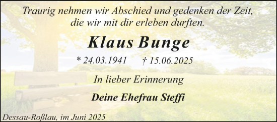 Traueranzeige von Klaus Bunge von Trauerkombi Dessau