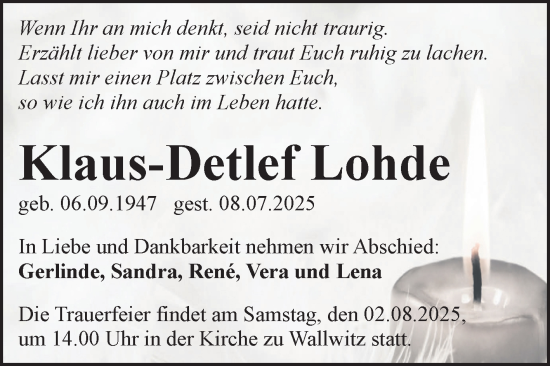 Traueranzeige von Klaus-Detlef Lohde von Mitteldeutsche Zeitung Halle/Saalkreis