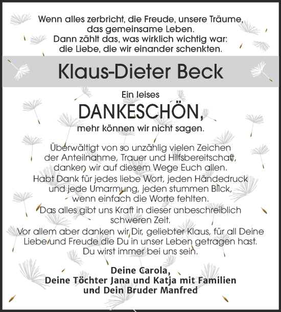 Traueranzeige von Klaus-Dieter Beck von Trauerkombi Mansfelder Land