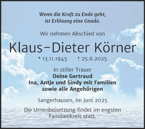 Traueranzeige von Klaus-Dieter Körner von Trauerkombi Sangerhausen
