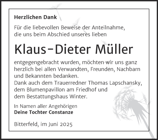 Traueranzeige von Klaus-Dieter Müller von Trauerkombi Bitterfeld