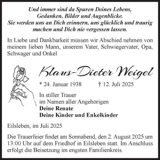 Traueranzeige von Klaus-Dieter Weigel von Volksstimme Oschersleben/Wanzleben