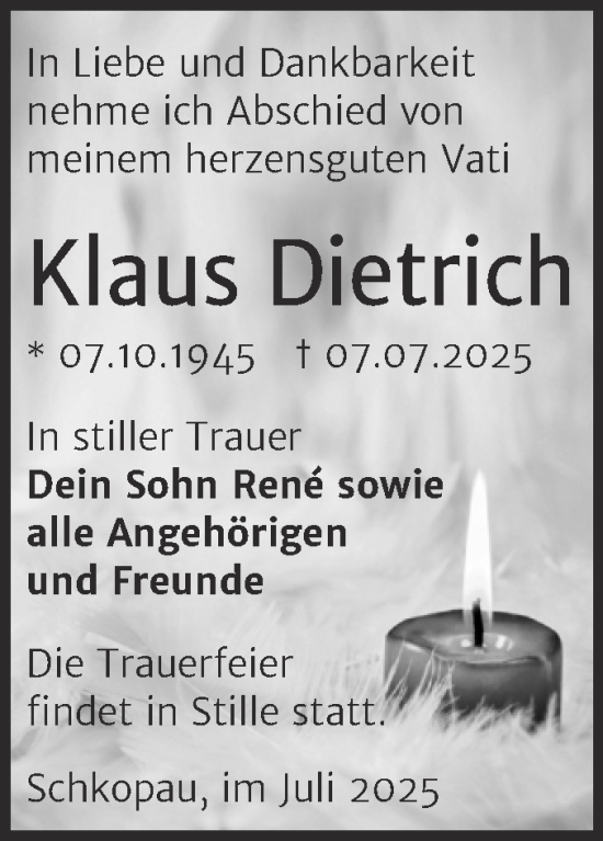 Traueranzeige von Klaus Dietrich von Trauerkombi Merseburg