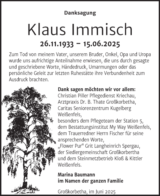 Traueranzeige von Klaus Immisch von Trauerkombi Weißenfels