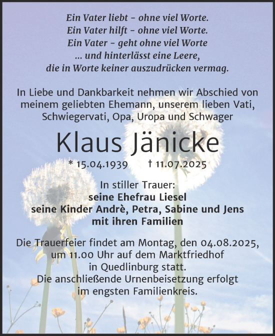Traueranzeige von Klaus Jänicke von Trauerkombi Quedlinburg