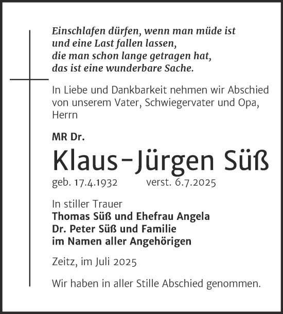 Traueranzeige von Klaus-Jürgen Süß von Trauerkombi Zeitz