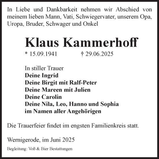 Traueranzeige von Klaus Kammerhoff von Volksstimme Wernigerode