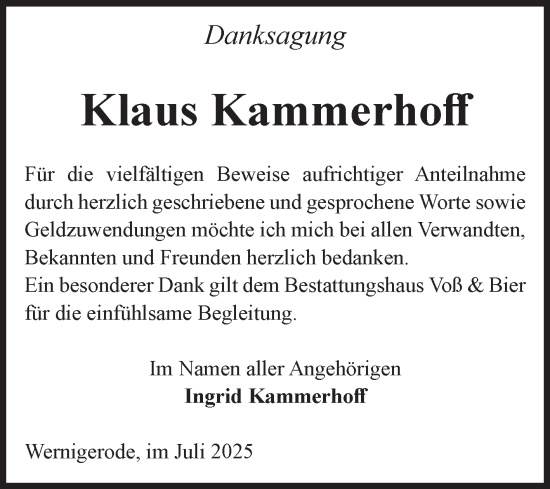 Traueranzeige von Klaus Kammerhoff von Volksstimme Wernigerode