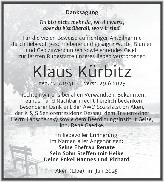 Traueranzeige von Klaus Kürbitz von Trauerkombi Köthen