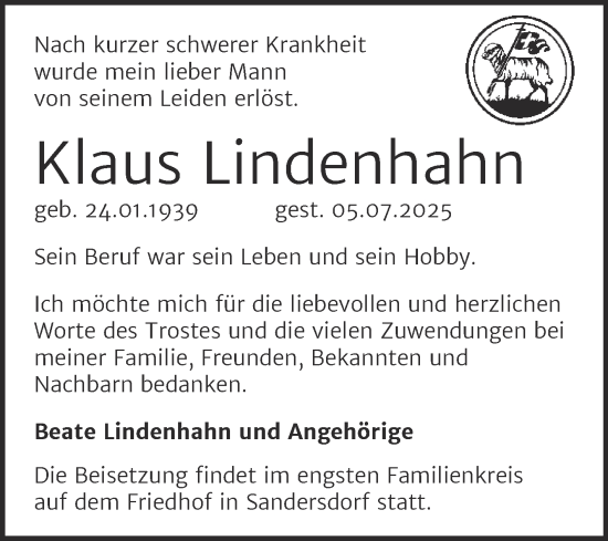 Traueranzeige von Klaus Lindenhahn von Trauerkombi Bitterfeld