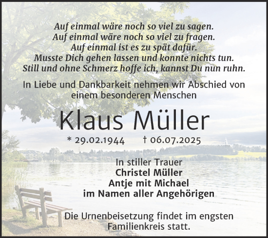 Traueranzeige von Klaus Müller von Mitteldeutsche Zeitung Halle/Saalkreis