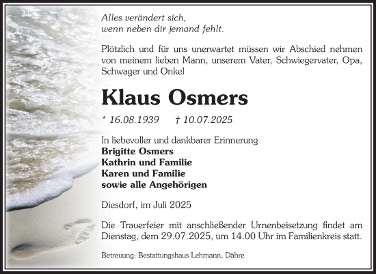 Traueranzeige von Klaus Osmers von Volksstimme Altmark West