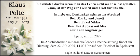 Traueranzeige von Klaus Polte von Volksstimme Staßfurt