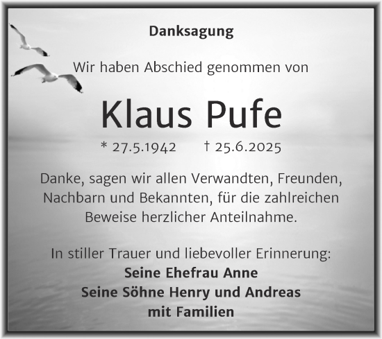 Traueranzeige von Klaus Pufe von Trauerkombi Köthen