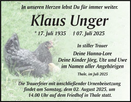 Traueranzeige von Klaus Unger von Trauerkombi Quedlinburg