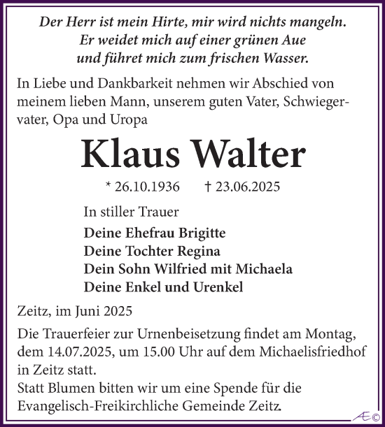 Traueranzeige von Klaus Walter von Trauerkombi Zeitz