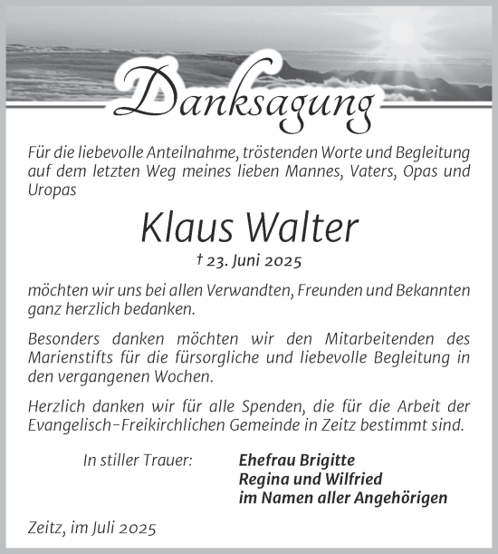 Traueranzeige von Klaus Walter von Trauerkombi Zeitz