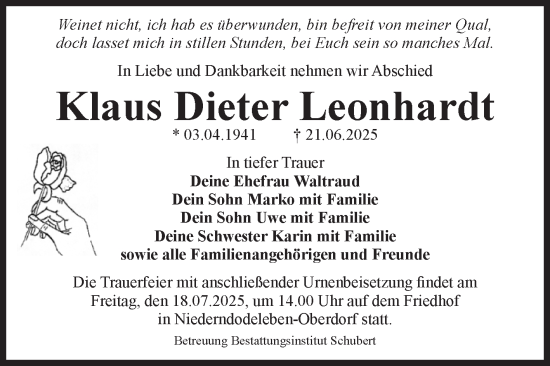 Traueranzeige von Klaus Dieter Leonhardt von Volksstimme Magdeburg