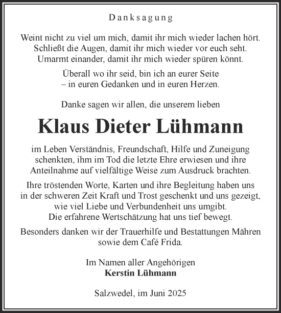 Traueranzeige von Klaus Dieter Lühmann von Volksstimme Altmark West