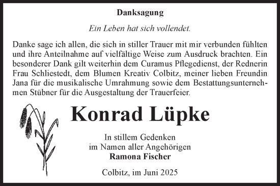 Traueranzeige von Konrad Lüpke von Volksstimme Haldensleben/Wolmirstedt