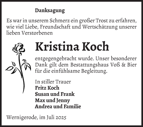 Traueranzeige von Kristina Koch von Volksstimme Wernigerode