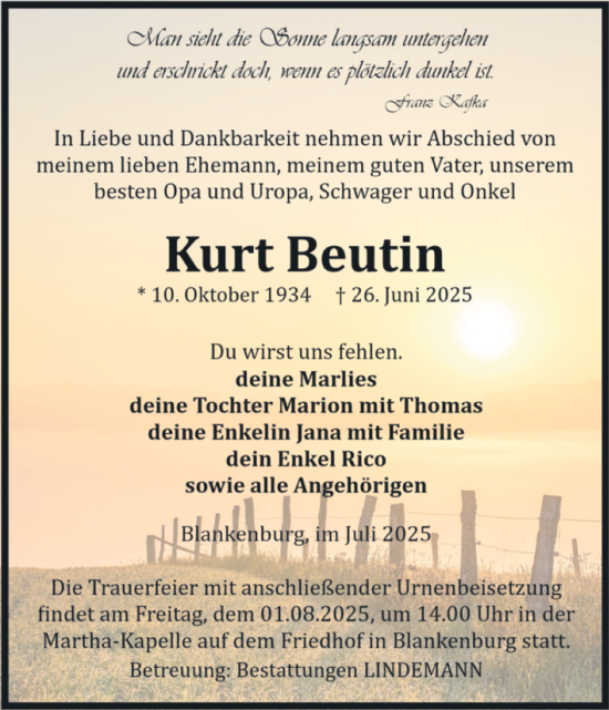 Traueranzeige von Kurt Beutin von Volksstimme Wernigerode