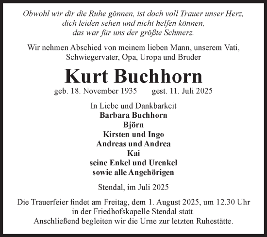 Traueranzeige von Kurt Buchhorn von Volksstimme Altmark Ost
