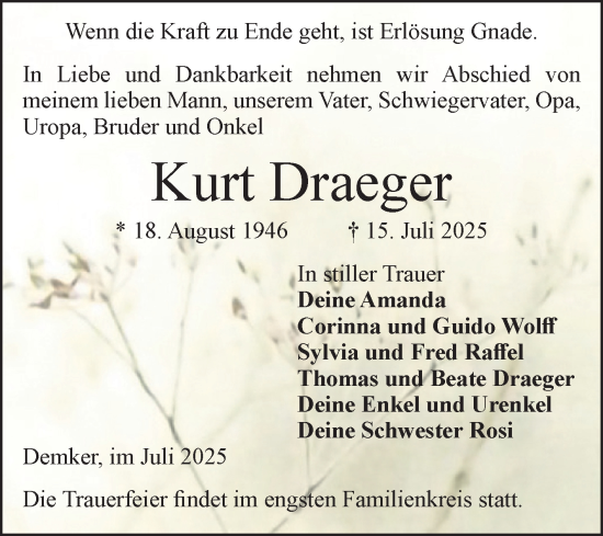 Traueranzeige von Kurt Draeger von Volksstimme Altmark Ost