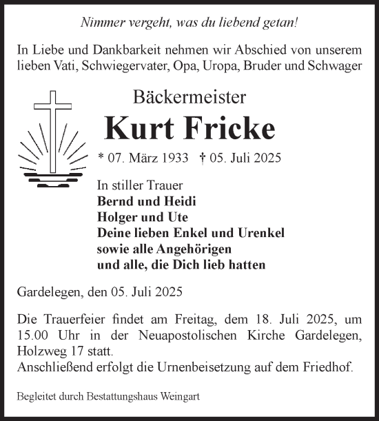 Traueranzeige von Kurt Fricke von Volksstimme Altmark West