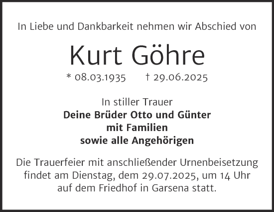 Traueranzeige von Kurt Göhre von Trauerkombi Bernburg