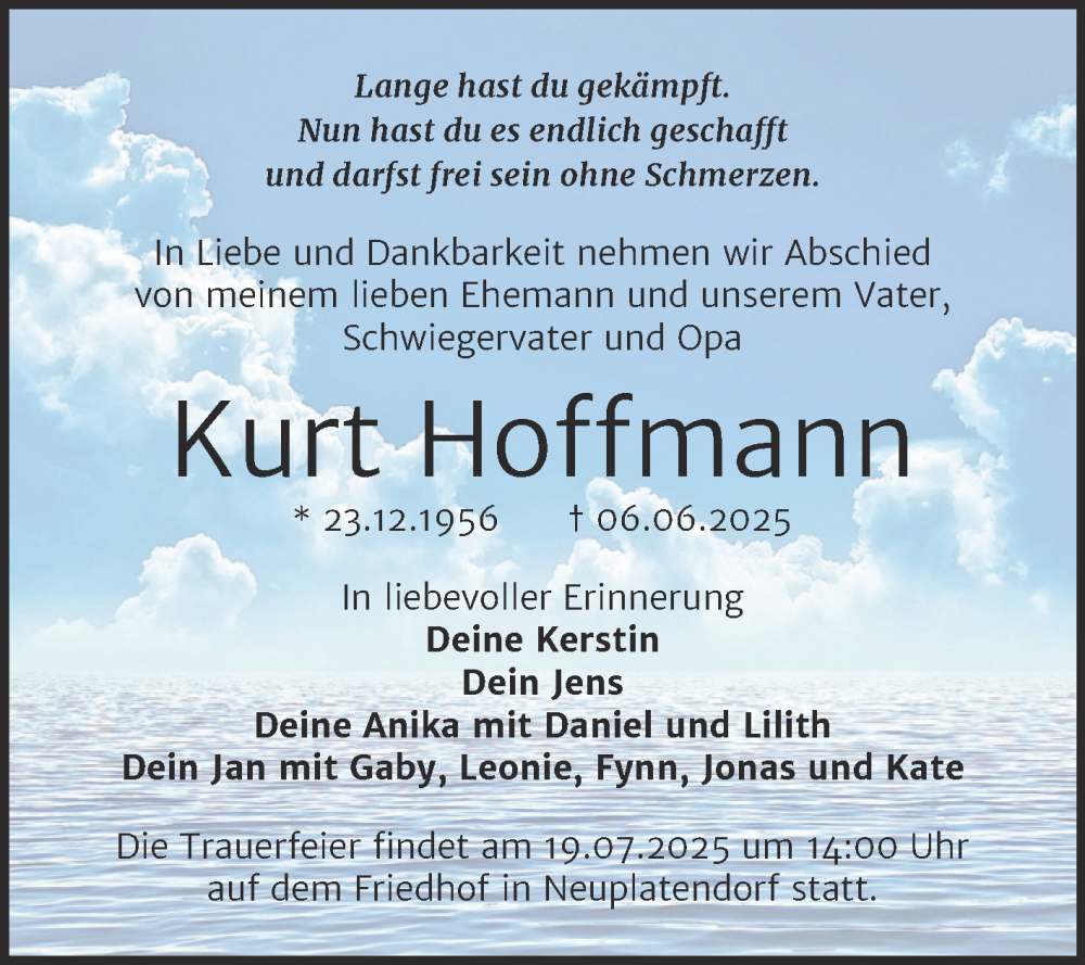  Traueranzeige für Kurt Hoffmann vom 12.07.2025 aus Trauerkombi Quedlinburg