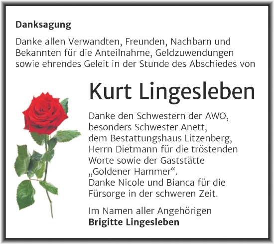 Traueranzeige von Kurt Lingesleben von Trauerkombi Mansfelder Land