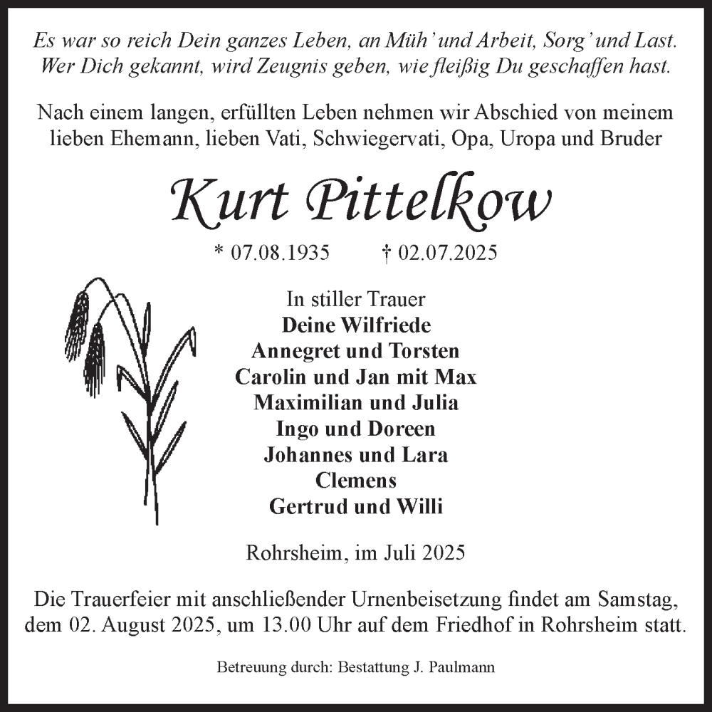  Traueranzeige für Kurt Pittelkow vom 19.07.2025 aus Volksstimme Halberstadt