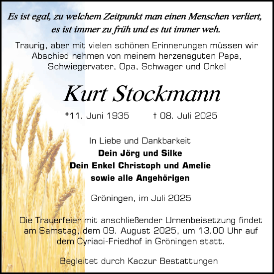 Traueranzeige von Kurt Stockmann von Volksstimme Oschersleben/Wanzleben