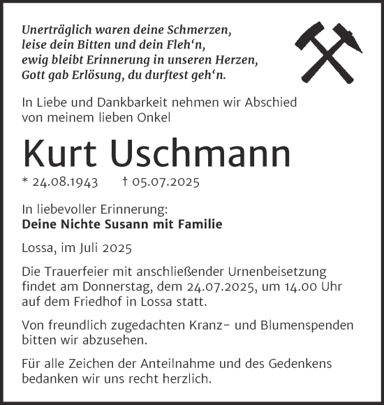 Traueranzeige von Kurt Uschmann von Super Sonntag Naumburg/Nebra